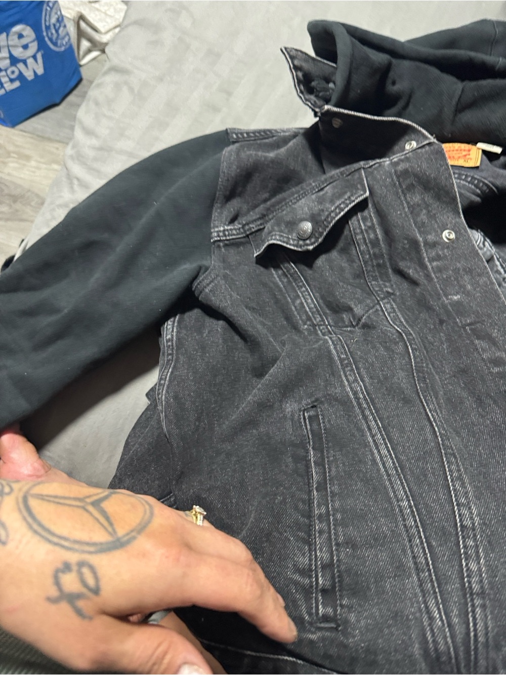 Levi's Black Denim Hooded Varsity Jacket with Black Sleeves - Picture 4 of 7